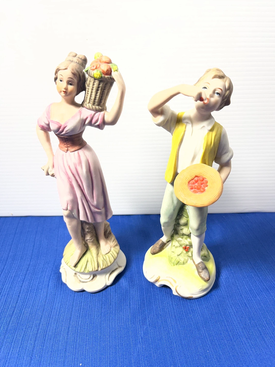 2 Vintage Figurines - Boy with Berries & Girl with Fruit Basket