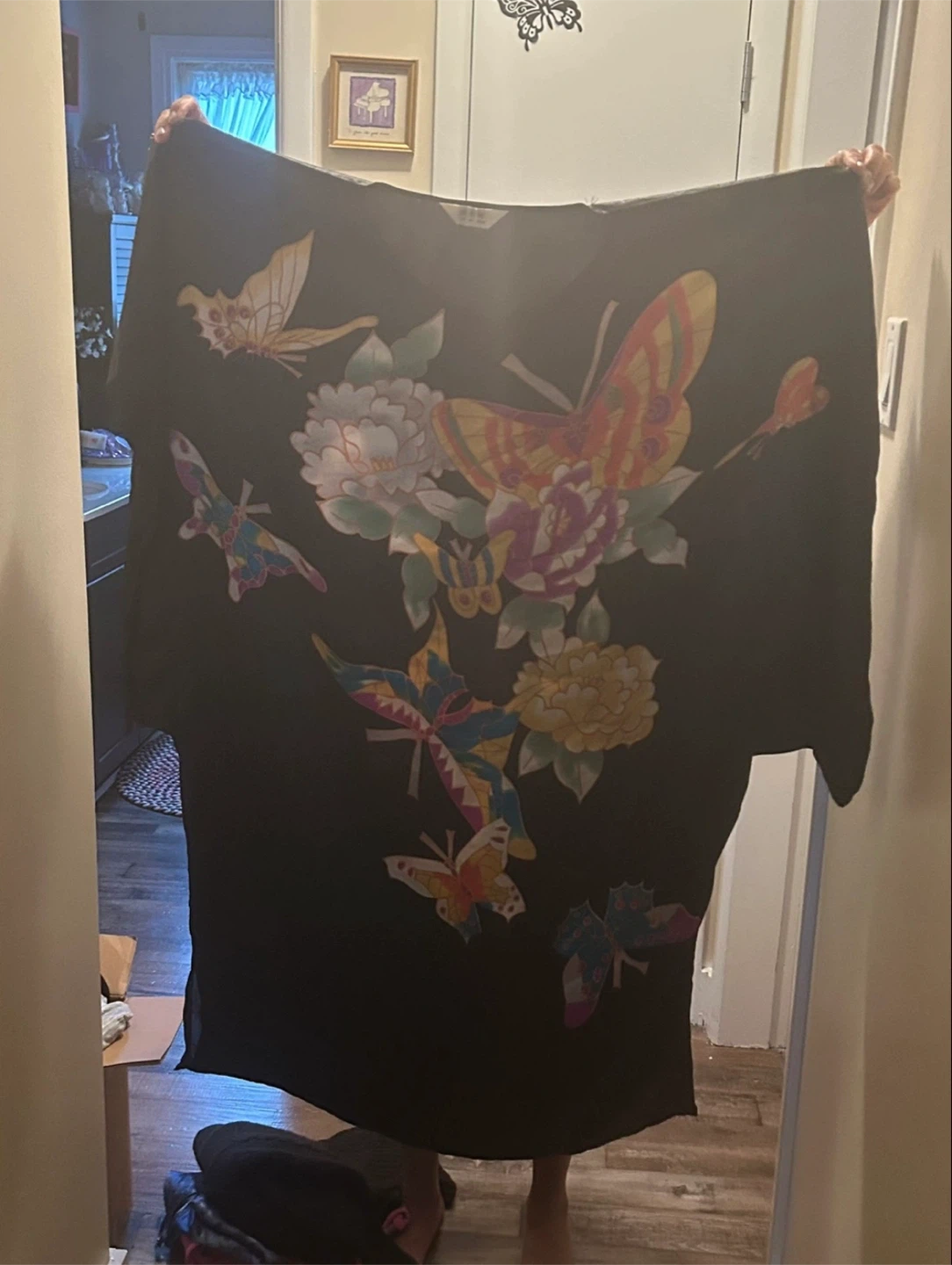 Black Butterfly and Floral Print Kimono