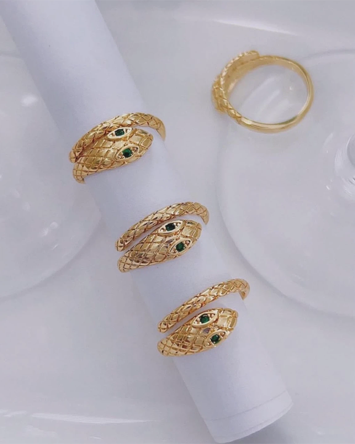 Gold Snake Rings with Green Stone Eyes & Rhinestones - photo 4