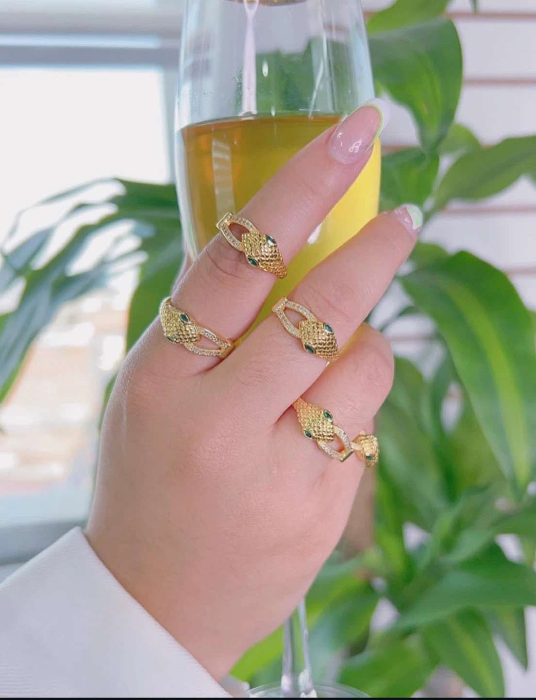 Gold Snake Rings with Green Stone Eyes & Rhinestones - photo 2