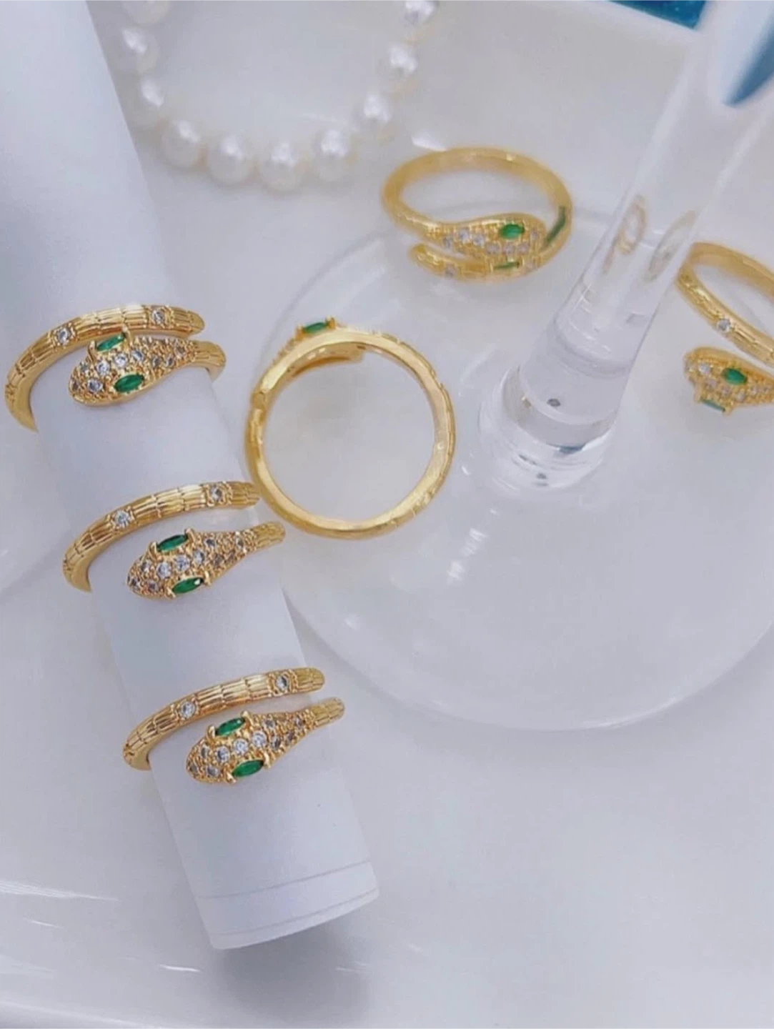 Gold Snake Rings with Green Stone Eyes & Rhinestones