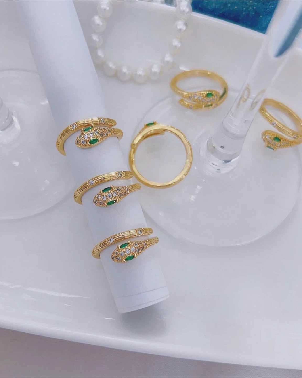 Gold Snake Rings with Green Stone Eyes & Rhinestones - photo 3
