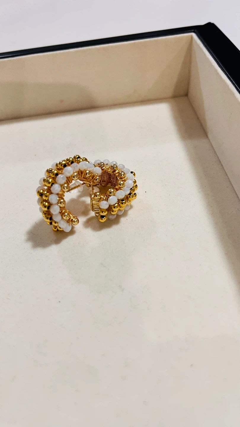 Beaded Hoop Earrings - Gold & White/Pink