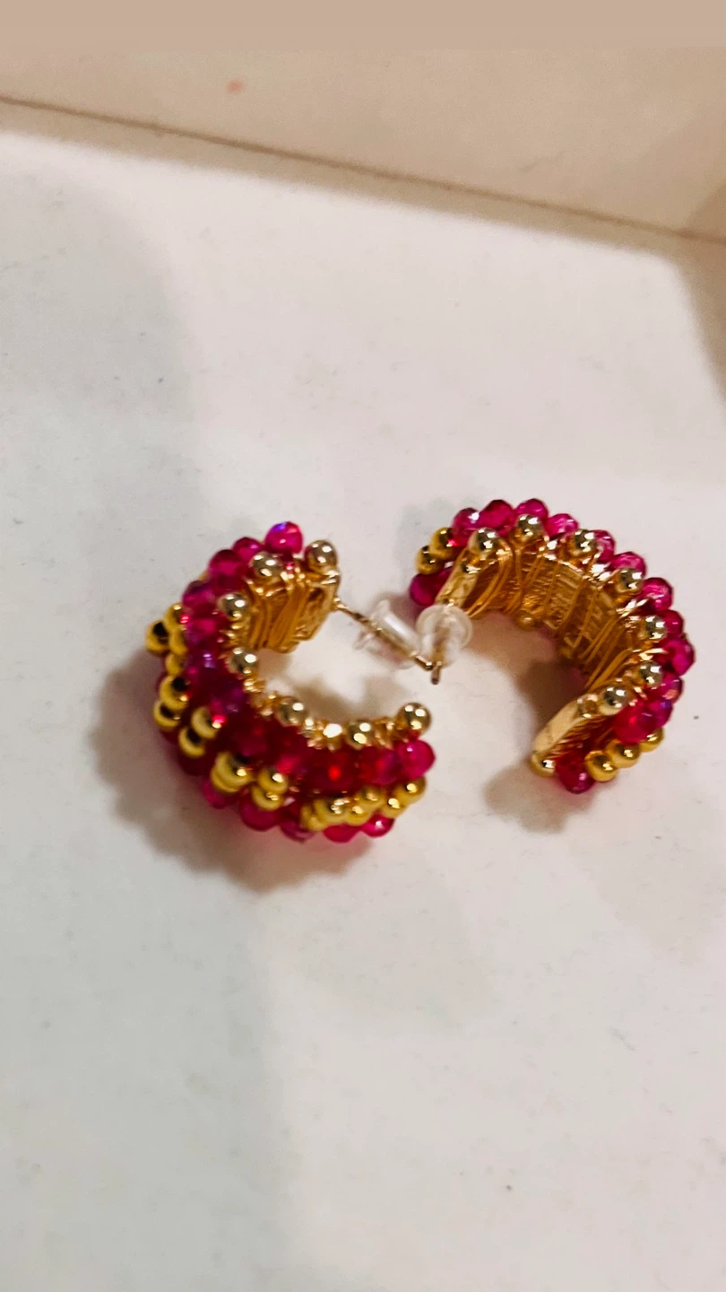 Beaded Hoop Earrings - Gold & White/Pink - photo 4