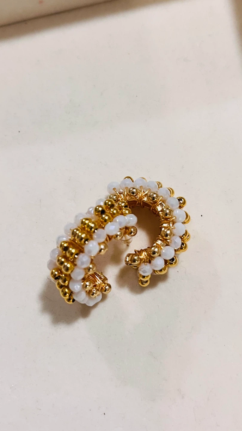 Beaded Hoop Earrings - Gold & White/Pink - photo 3