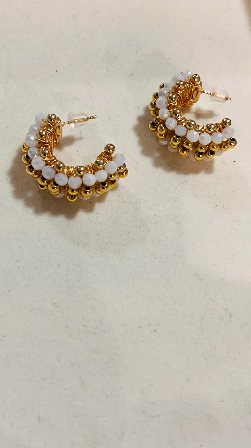 Beaded Hoop Earrings - Gold & White/Pink - photo 2
