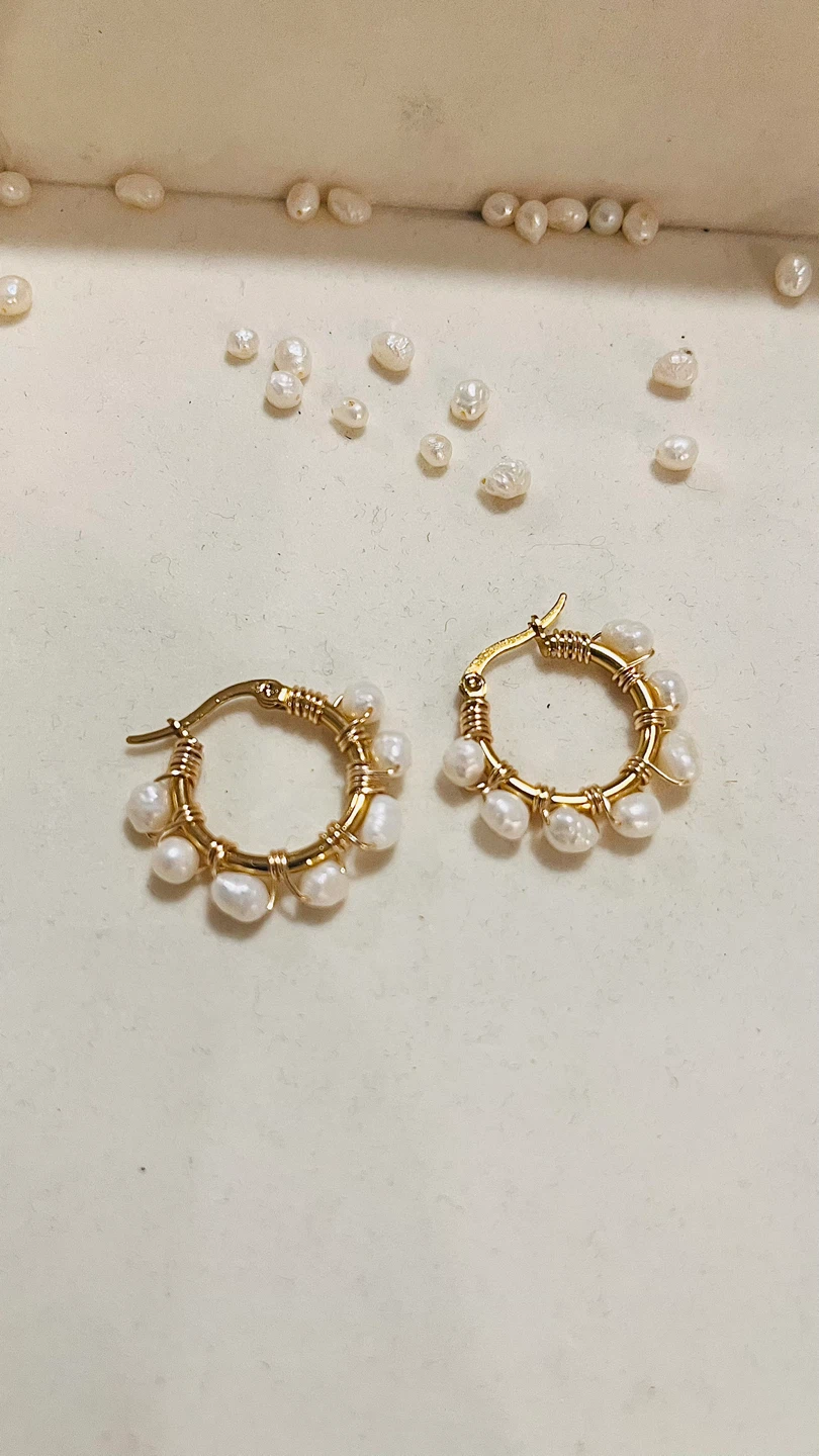 Gold tone hoop earrings with pearls and blue beads - photo 3