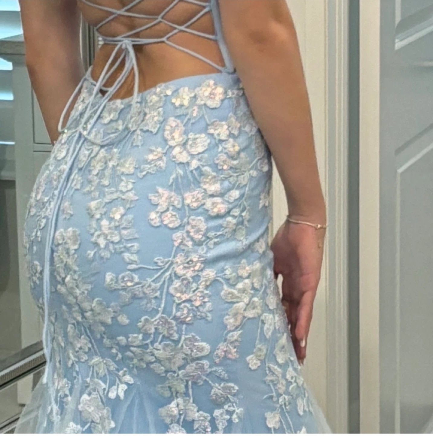 Light Blue Sequin Floral Mermaid Prom Dress - photo 4