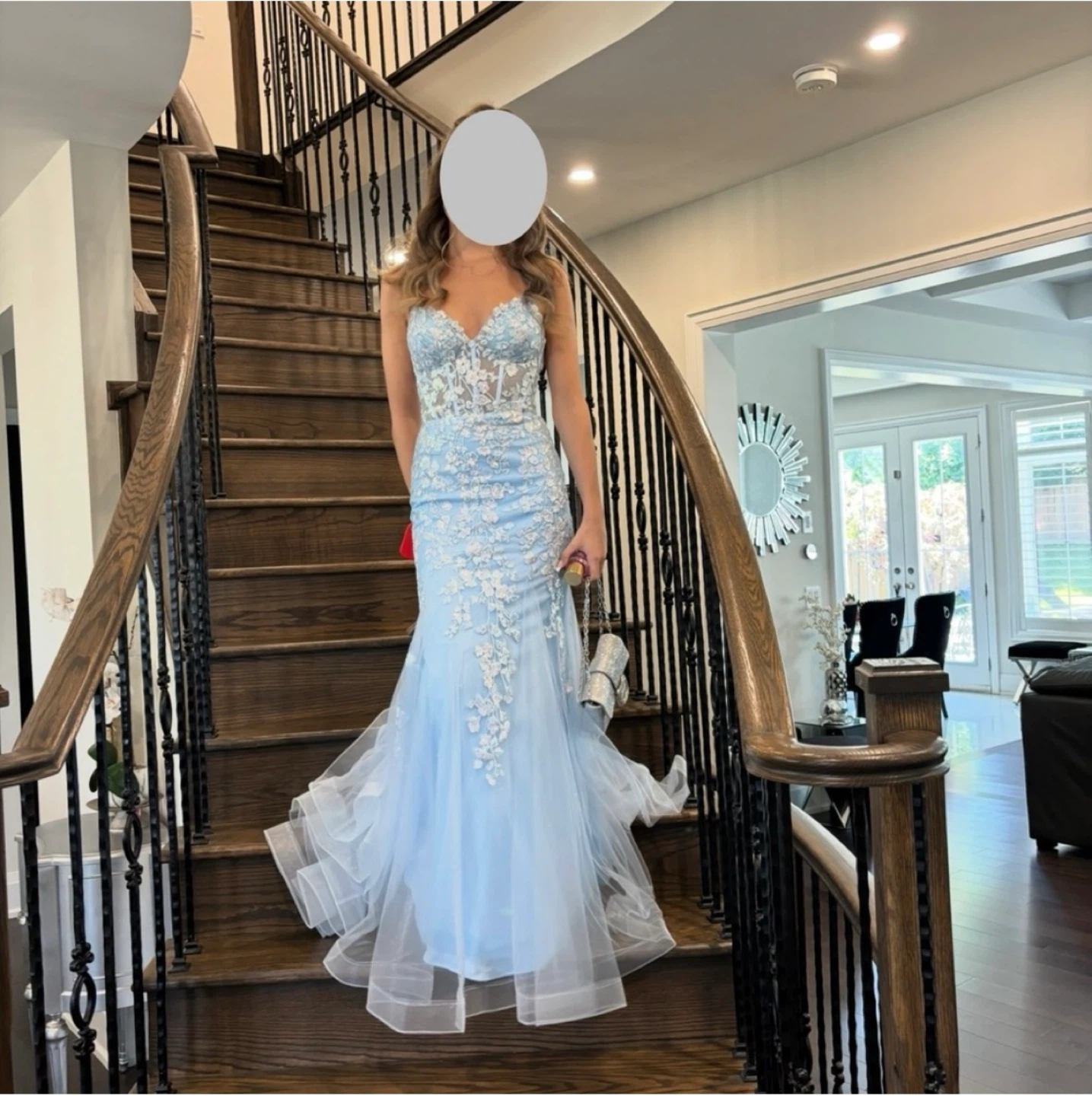 Light Blue Sequin Floral Mermaid Prom Dress - photo 5
