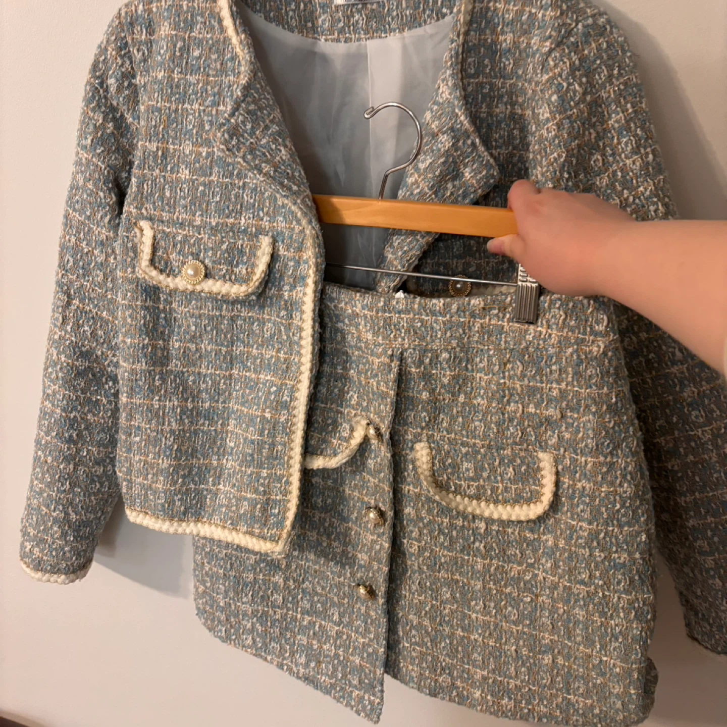Blue Tweed Jacket and Skirt Set Small GUC