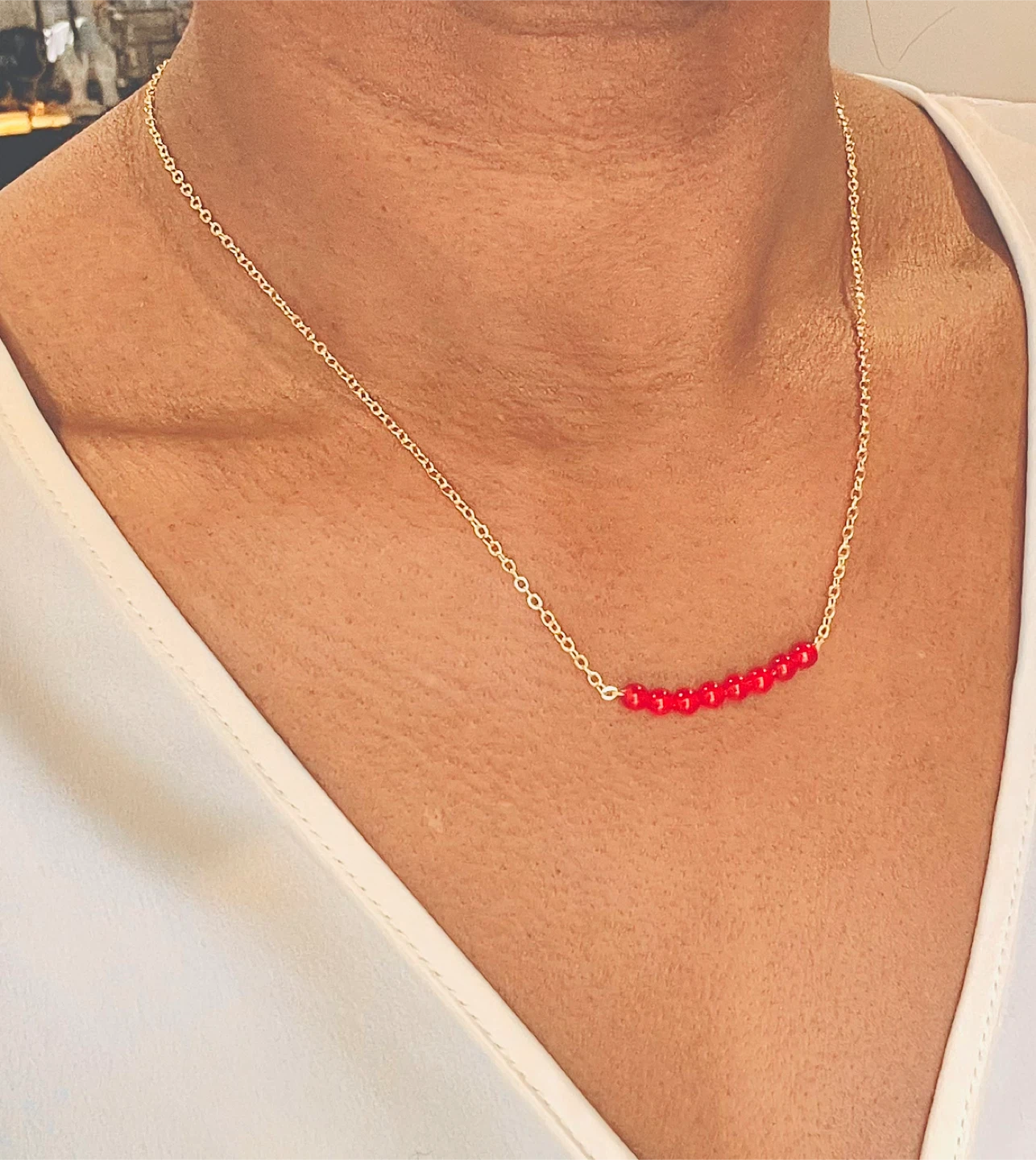 Gold-tone Necklace with Red Beads