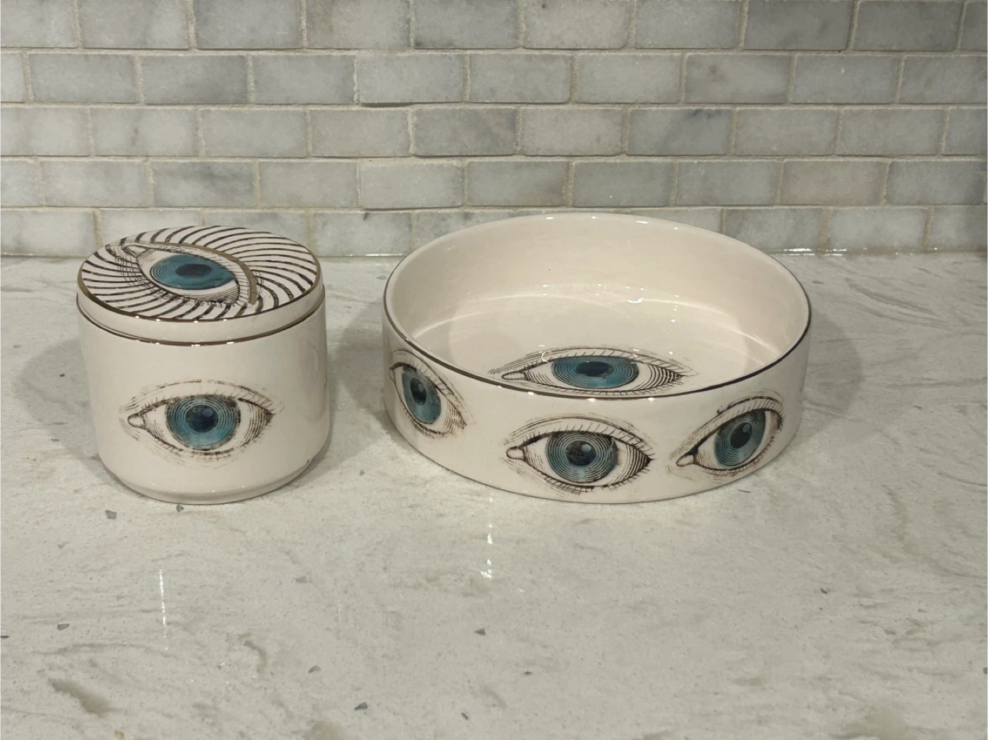 Decorative Ceramic Jar and Dish with Eye Motif