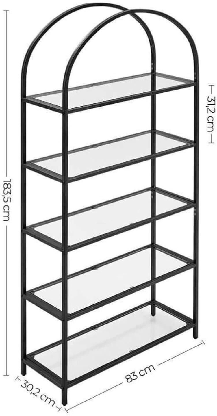5-Tier Glass Bookcase Shelf – 183.5 cm – Modern Black – NEW - photo 3