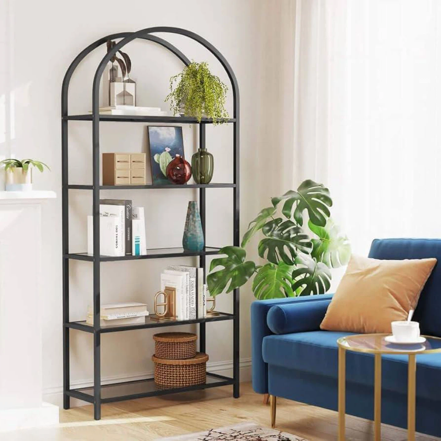 5-Tier Glass Bookcase Shelf – 183.5 cm – Modern Black – NEW