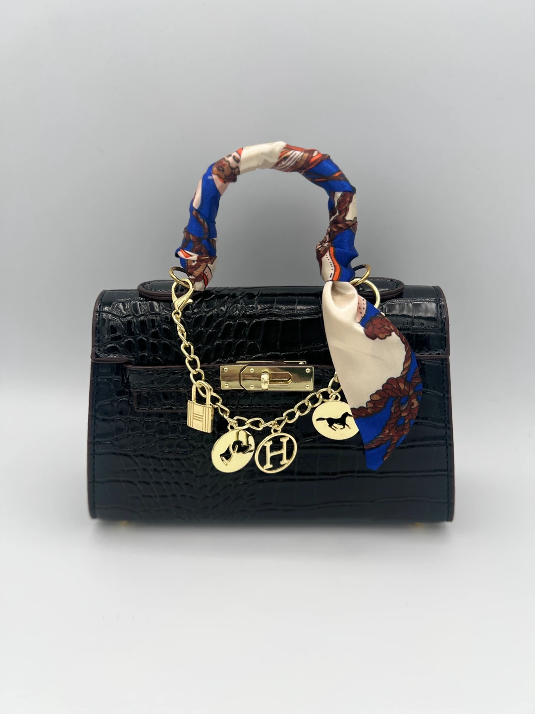 Mini Kelly Crocodile Textured Handbag with Scarf and Charms