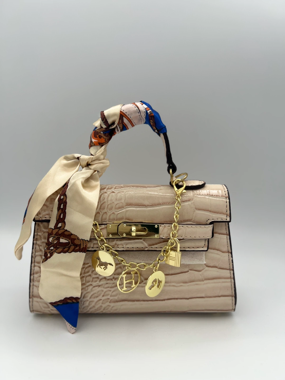Mini Kelly Crocodile Textured Handbag with Scarf and Charms - photo 2