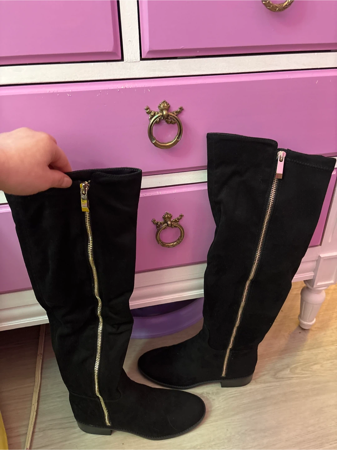 Black Suede Knee-High Boots with Side Zips