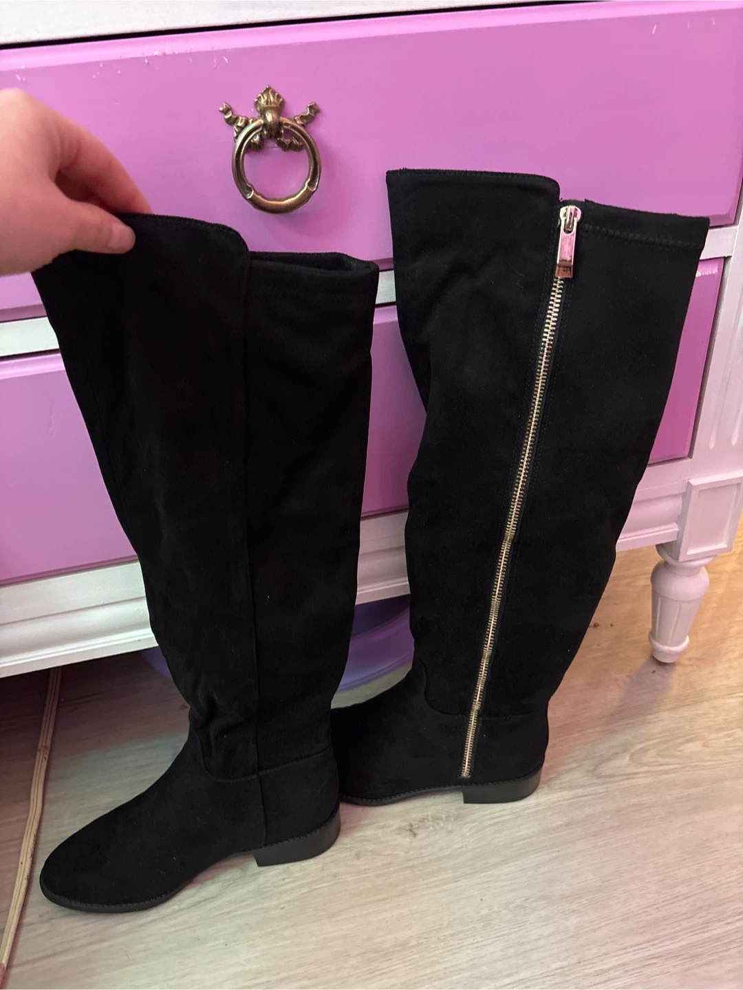 Black Suede Knee-High Boots with Side Zips - photo 5