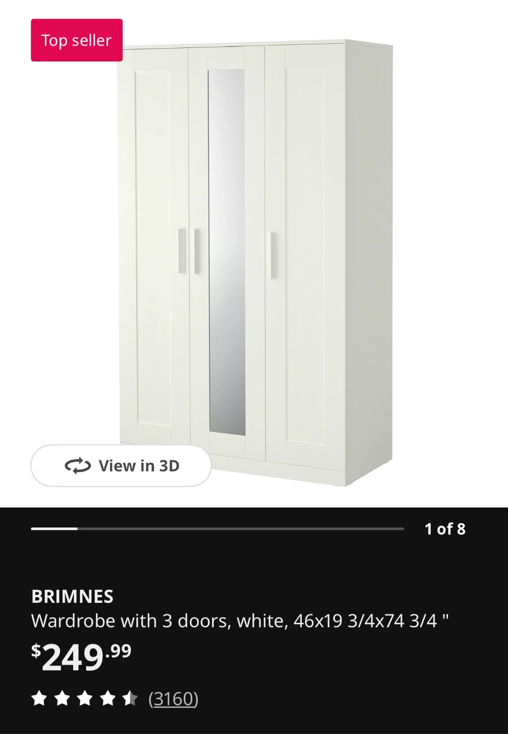 IKEA Brimnes wardrobe, white with three doors, one mirrored - photo 4