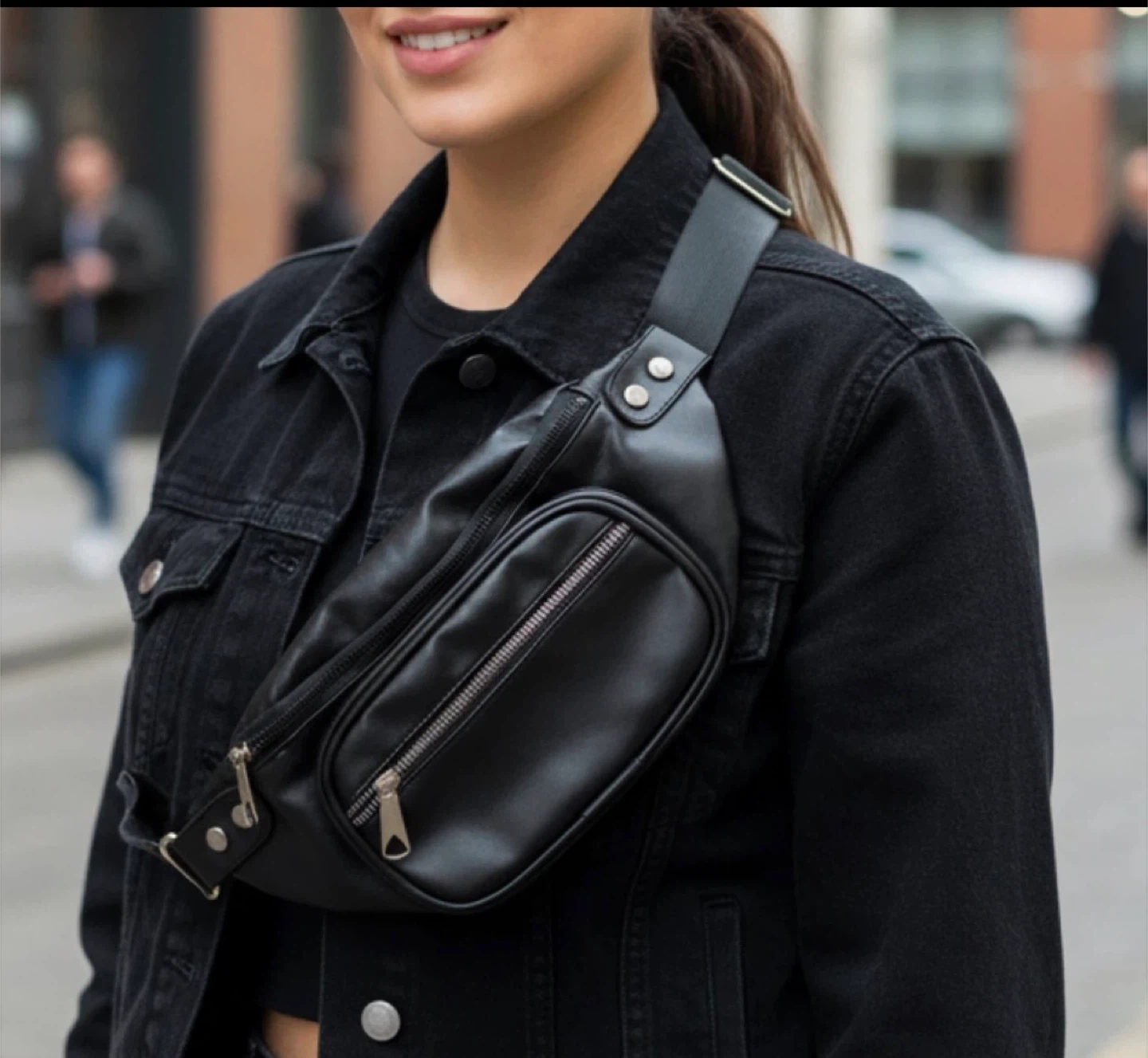 Black Faux Leather Fanny Pack Bum Bag