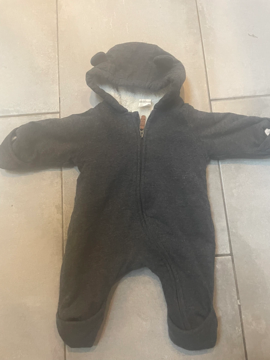 Grey Sherpa Lined Hooded Bunting Suit with Bear Ears