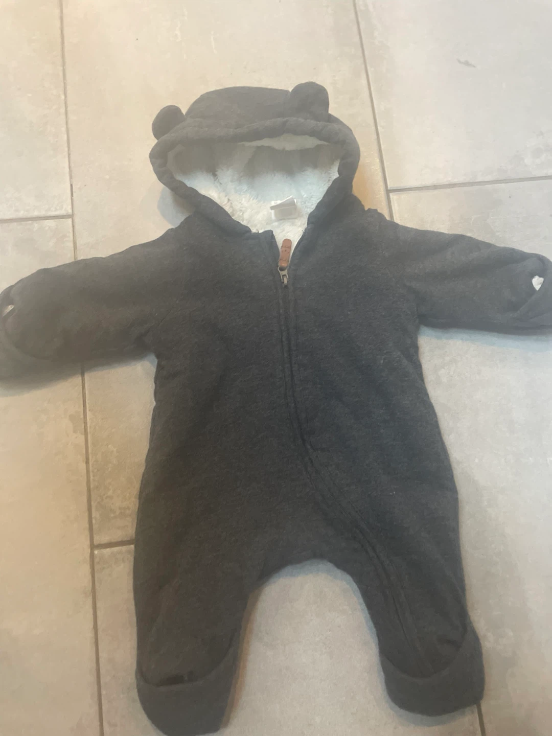 Grey Sherpa Lined Hooded Bunting Suit with Bear Ears - photo 2