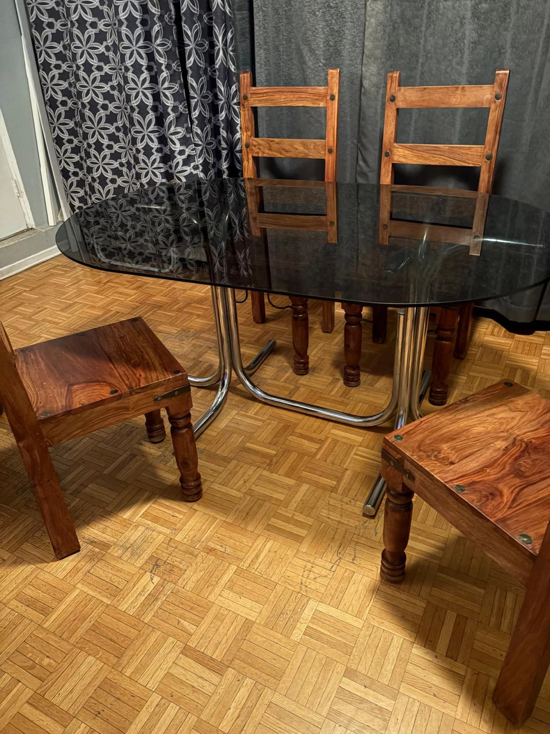 Glass Top Dining Table with 4 Wooden Chairs