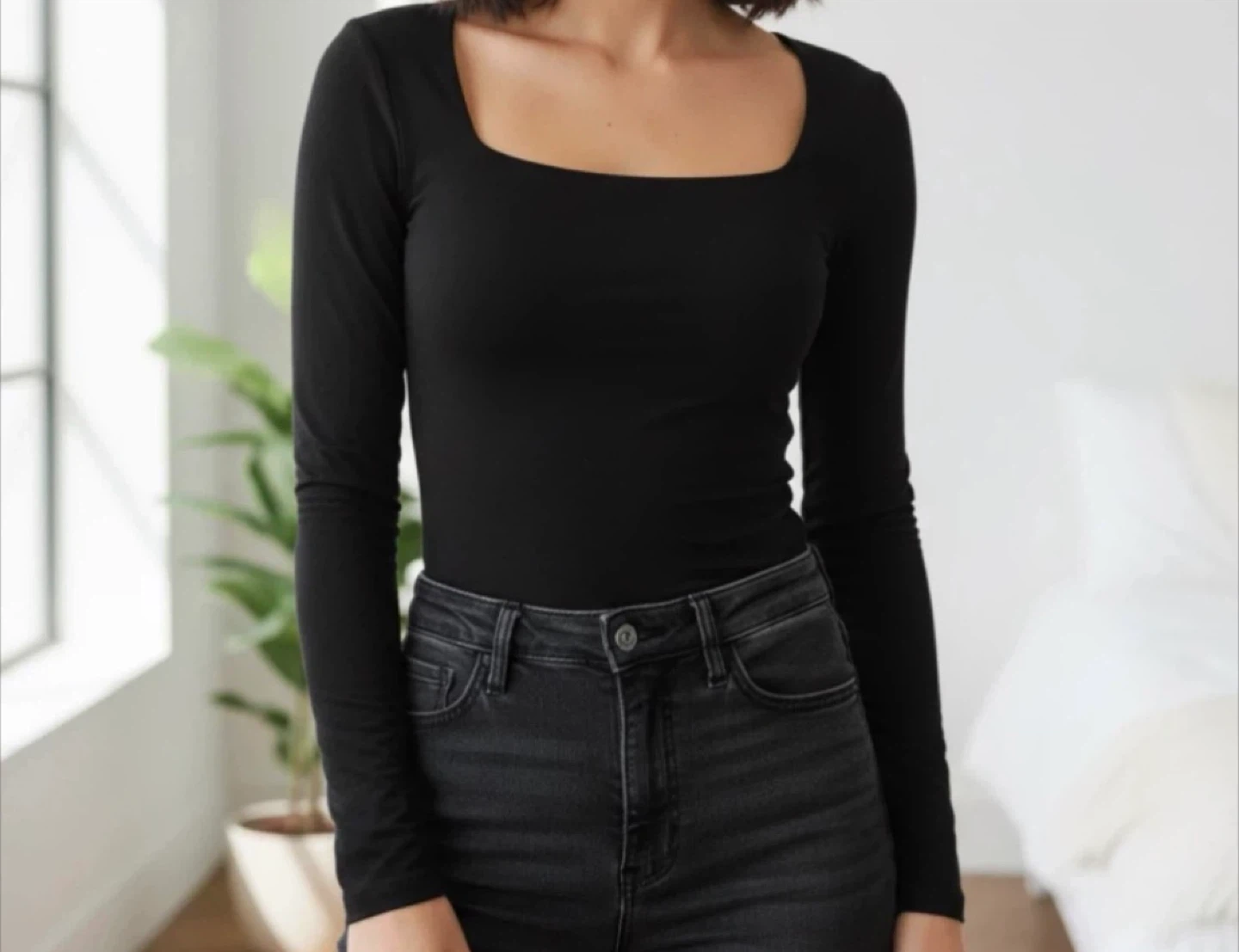 Dotti Black Square Neck Long Sleeve Top - Size S