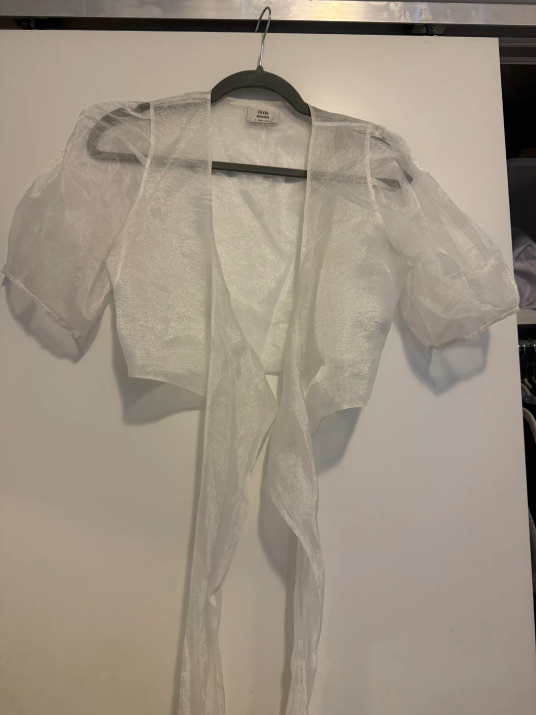 Little Moon White Sheer Puff Sleeve Wrap Top Size S