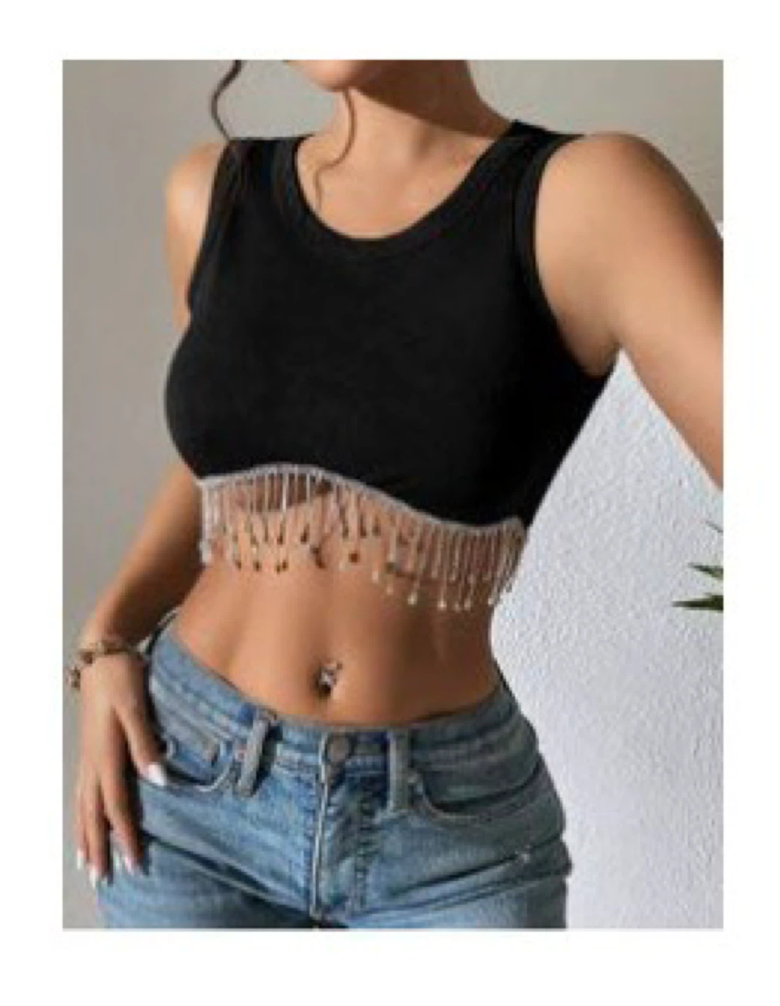 Black Crop Top with Rhinestone Fringe