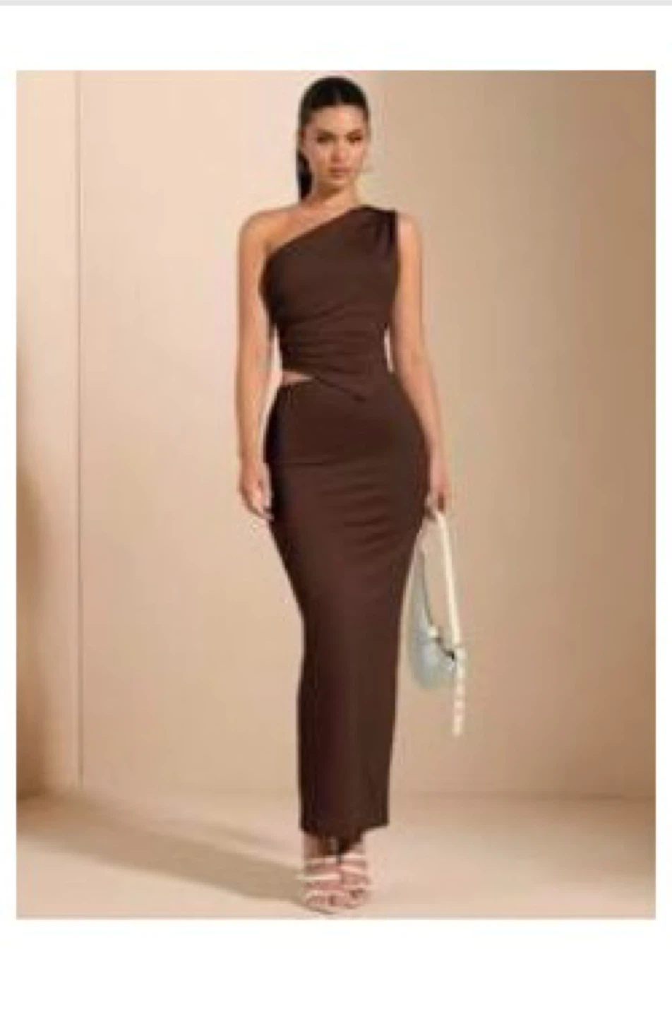 Brown One Shoulder Ruched Top + skirt set