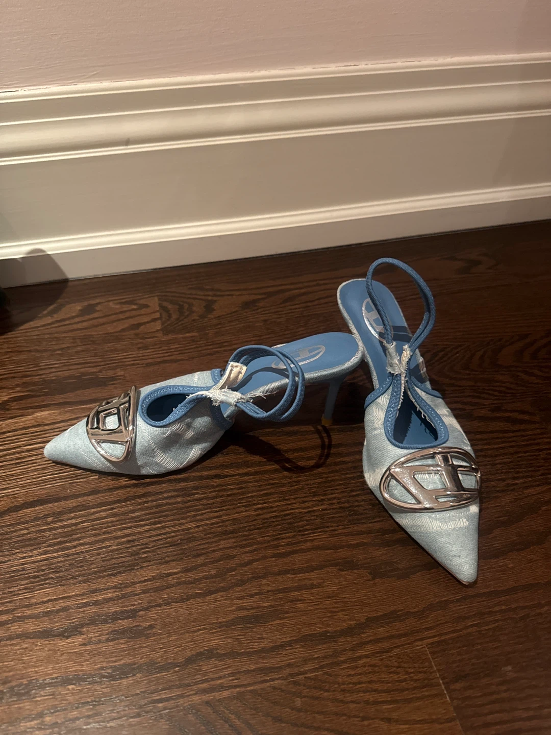 Blue Denim Heels with Silver D Buckle