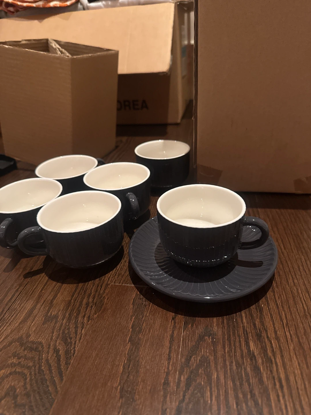 Set of 6 Black / dark grey Cups and Saucers