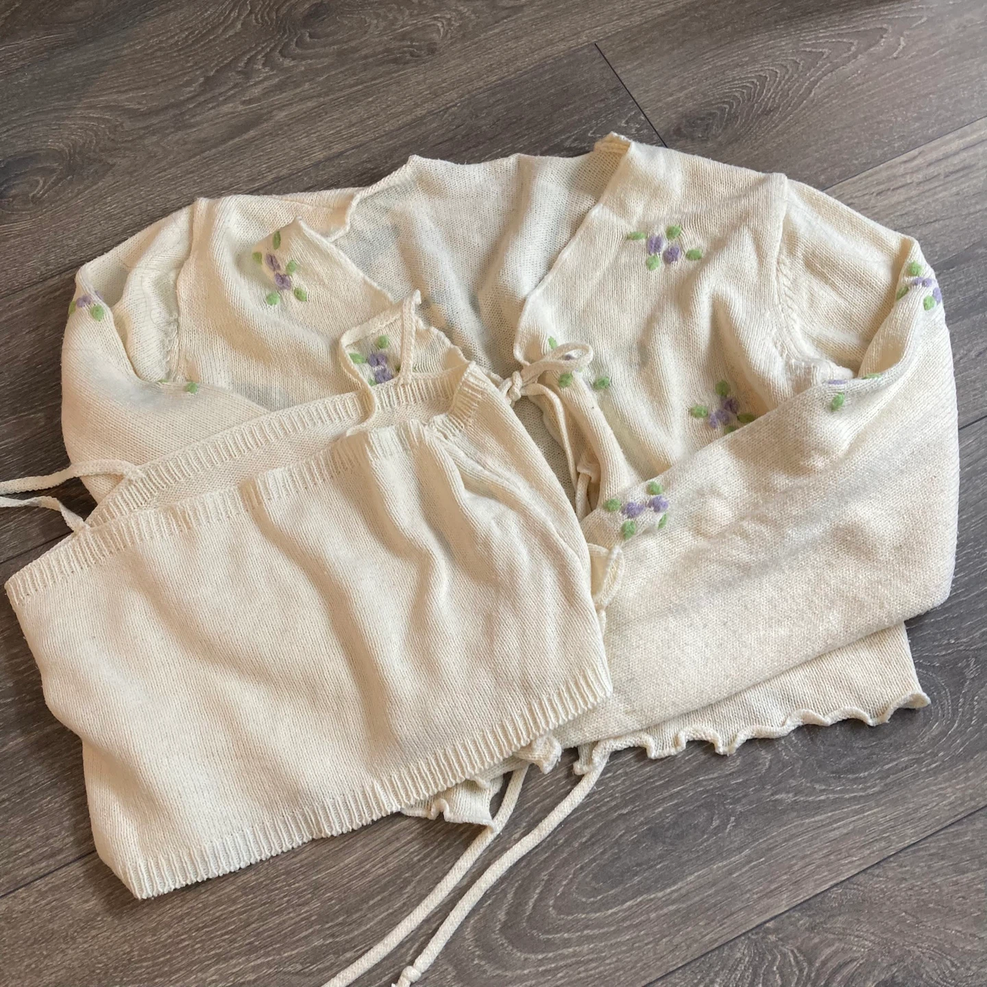 Cream Knit Set with Floral Embroidery