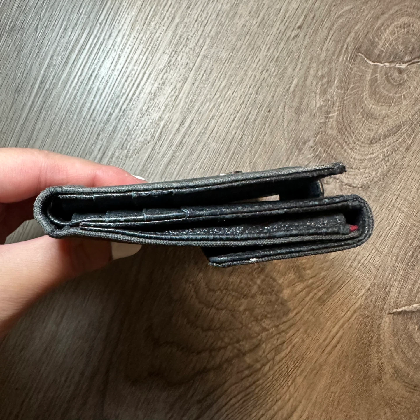 BVLGARI Denim & Black Leather Logo Print Compact Wallet - photo 4
