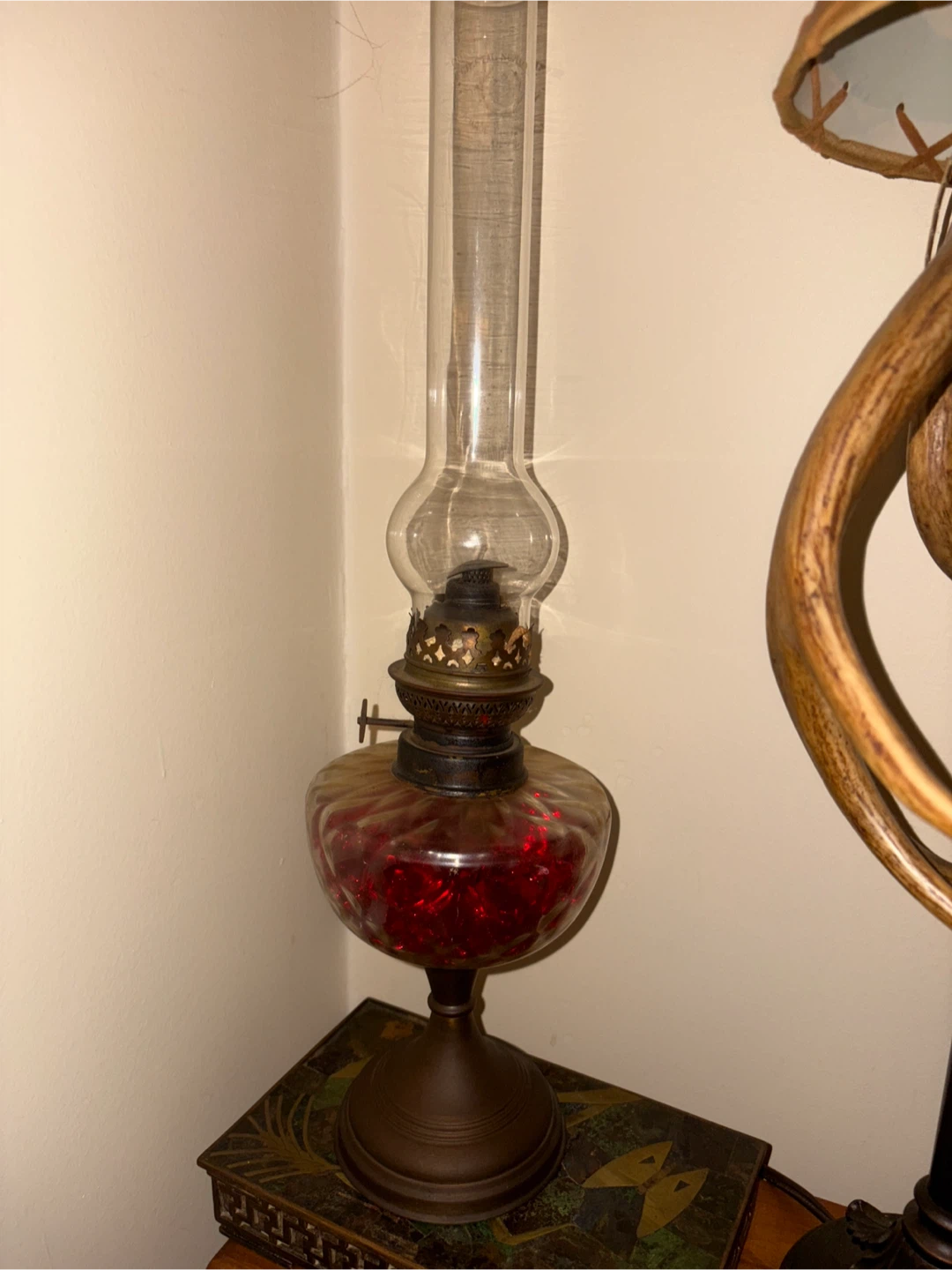 Vintage Glass Oil Lamp with Red Jewels