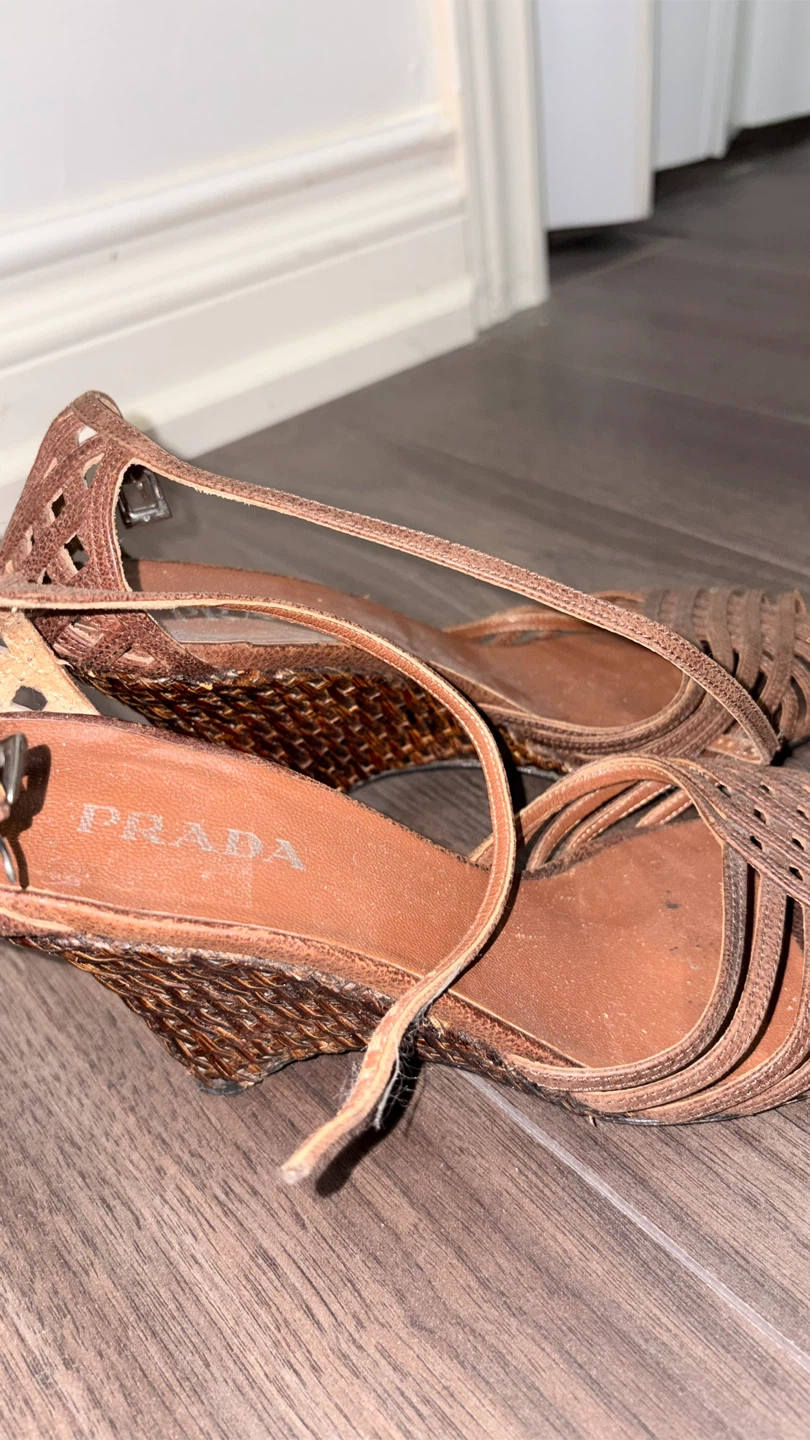 PRADA Women's Woven Strap Wedge Sandals - Brown - photo 2