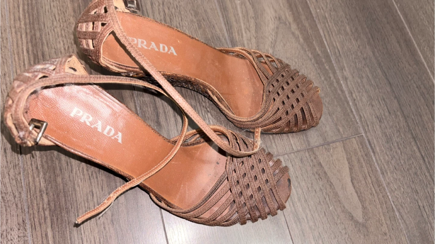 PRADA Women's Woven Strap Wedge Sandals - Brown
