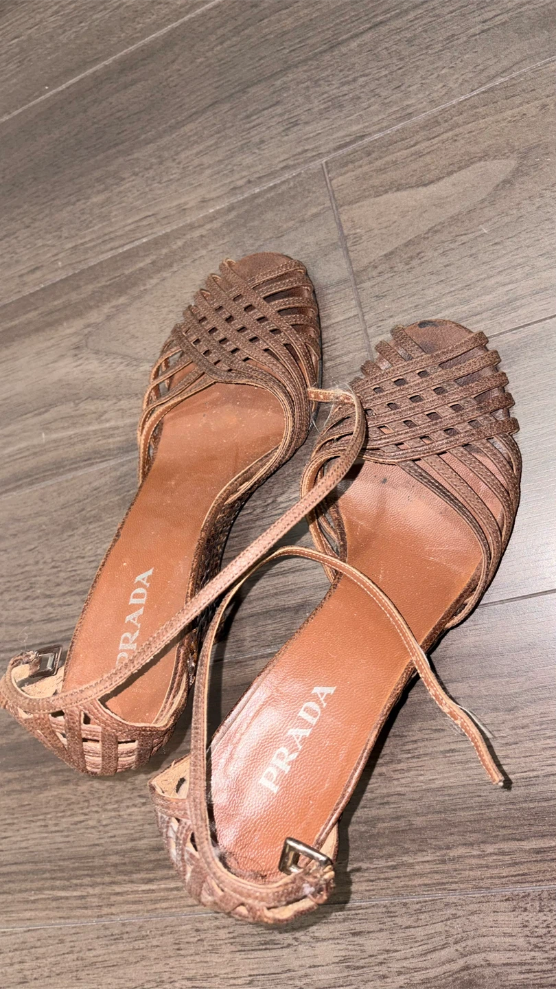 PRADA Women's Woven Strap Wedge Sandals - Brown - photo 4
