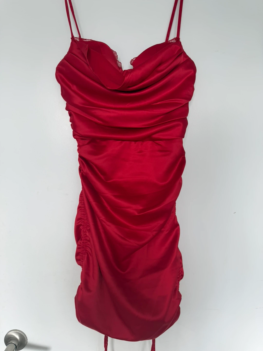 Red Ruched Satin Mini Dress with Side Ties - photo 3