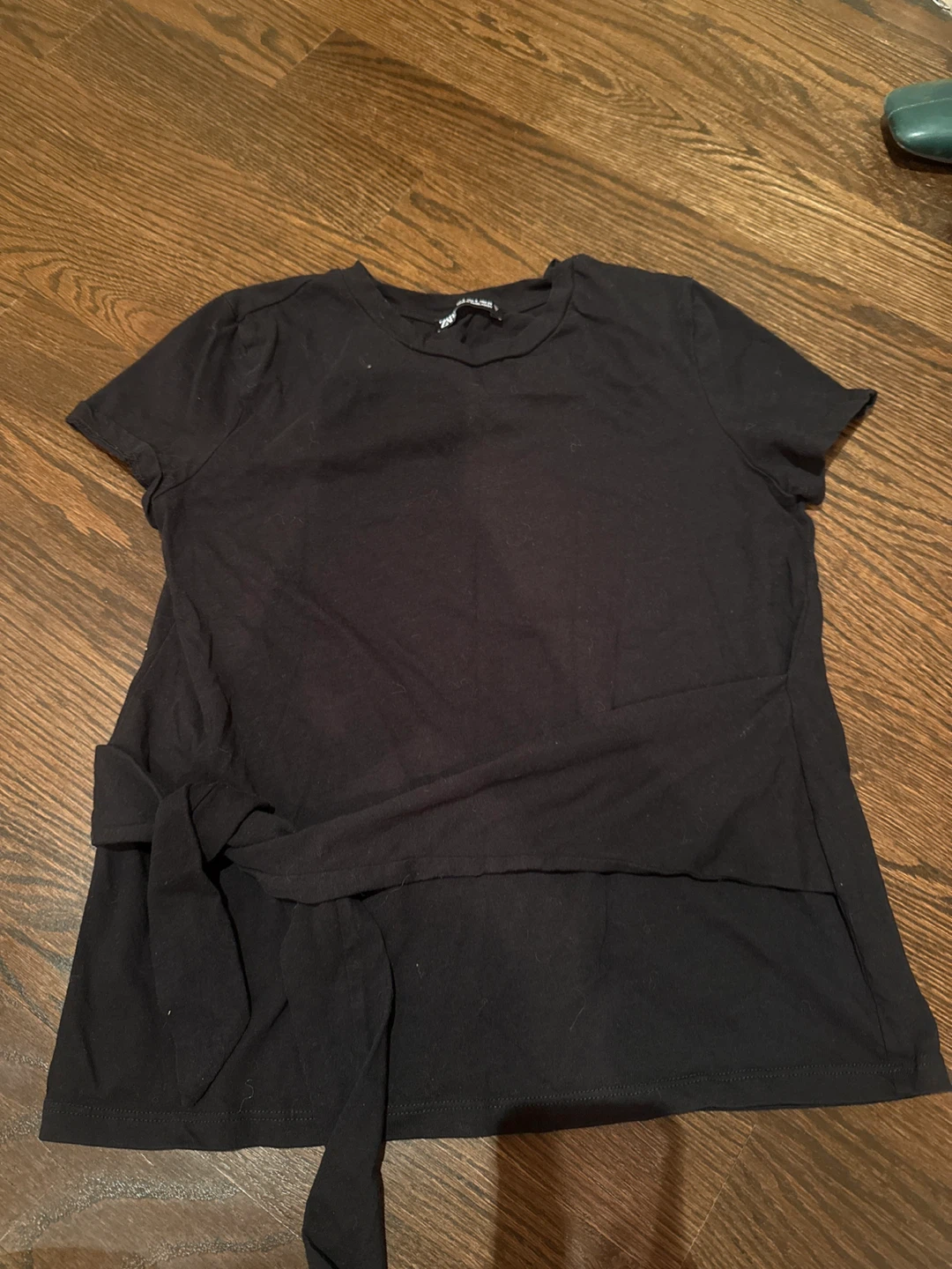 Zara Black Tie-Waist T-Shirt - Size S