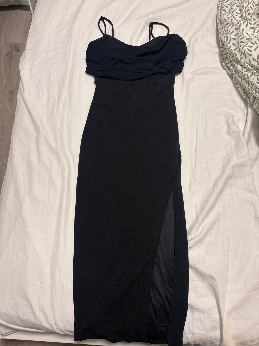 Black Ruched Midi Dress with Side Slit from Honey