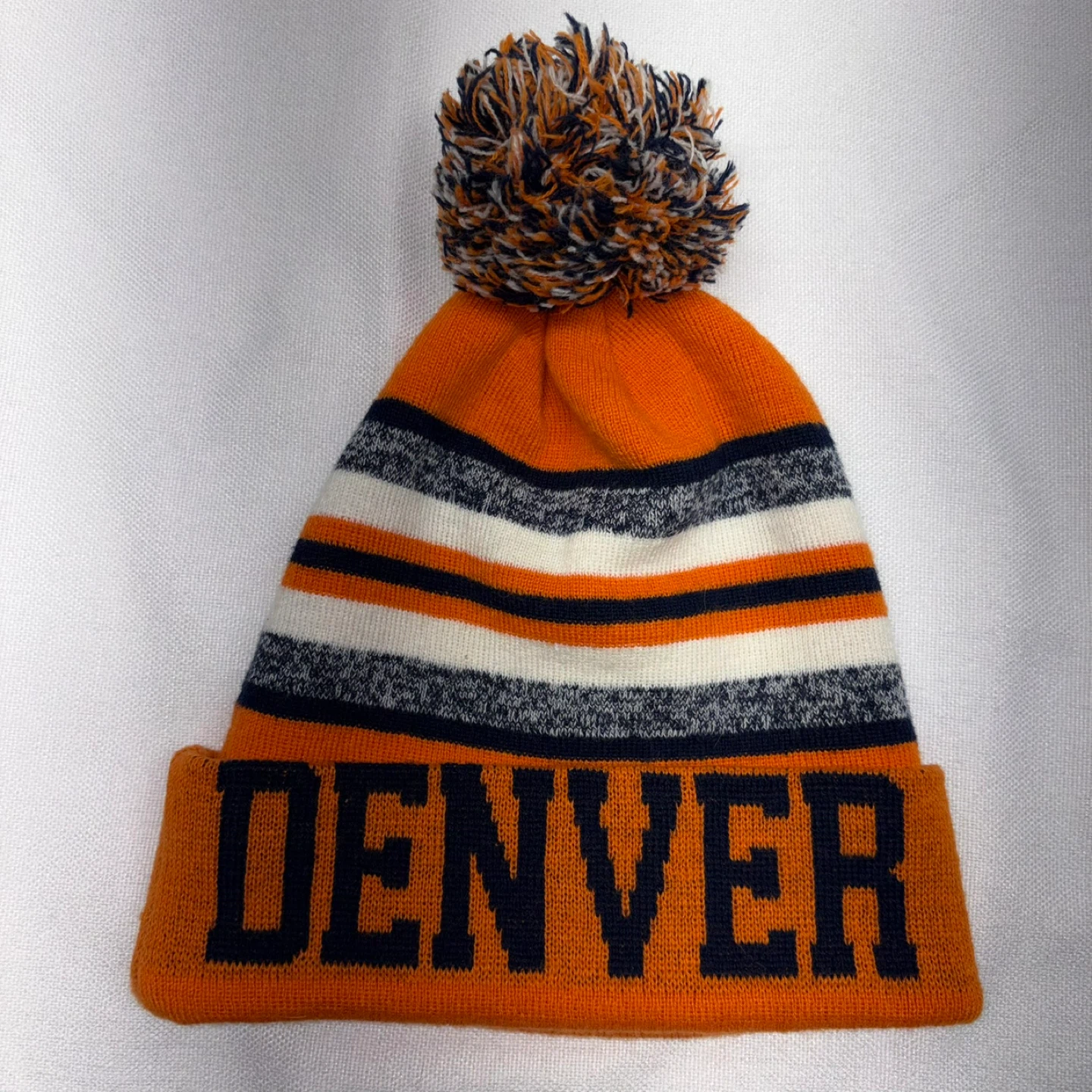 Denver Broncos Striped Pom Beanie - Orange, White, Blue
