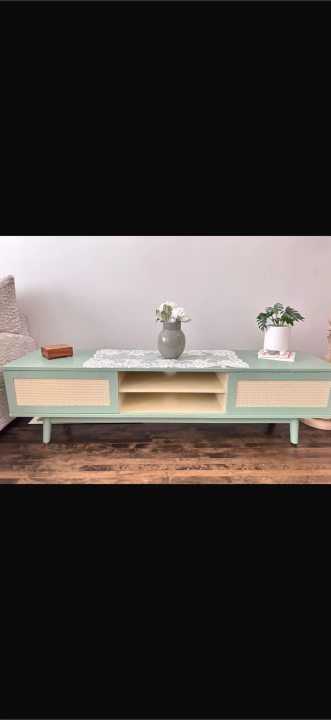 Mint Green TV Stand with Rattan Accents