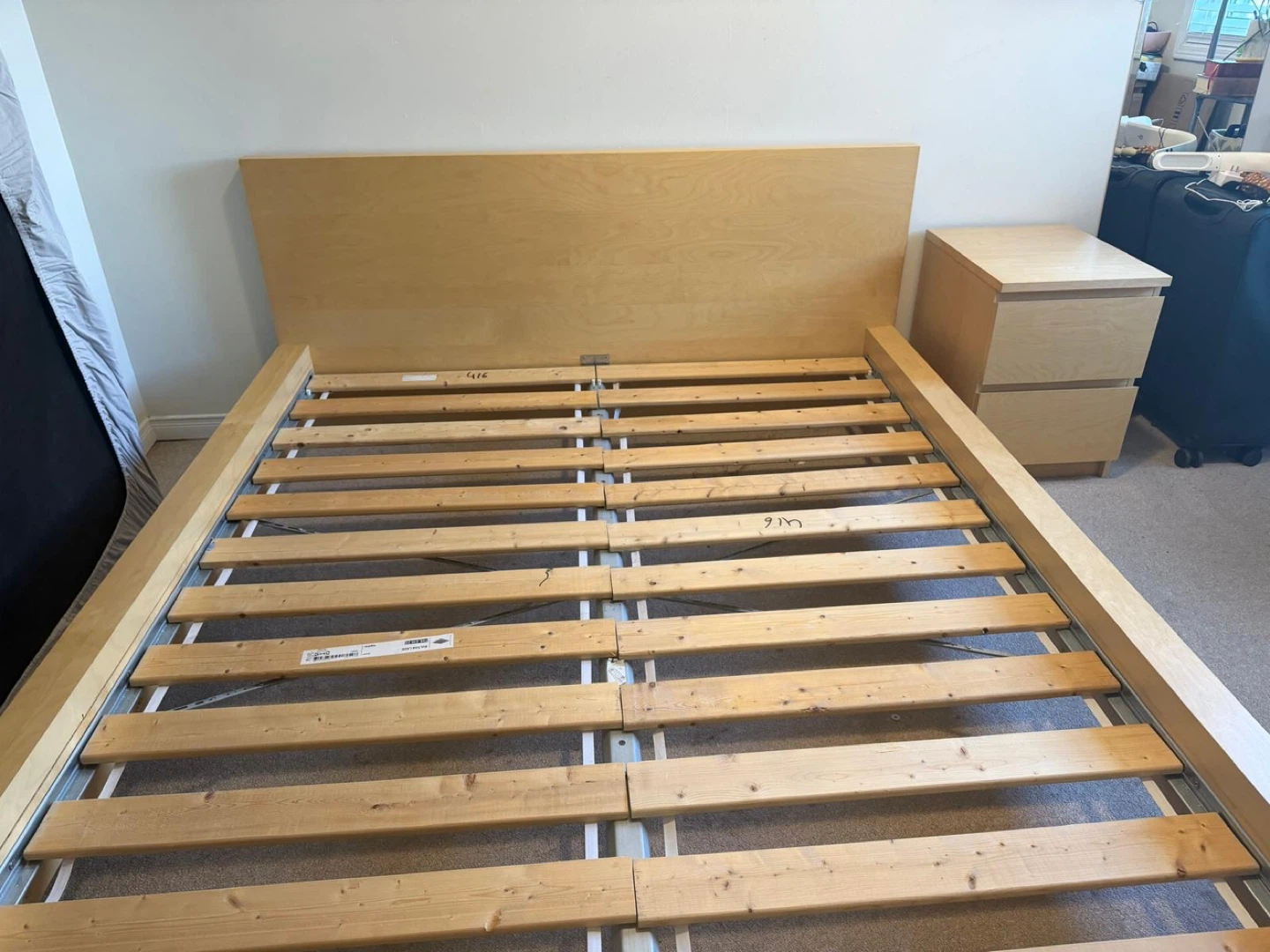 IKEA queen bed frame + night table. New mattress & box spring