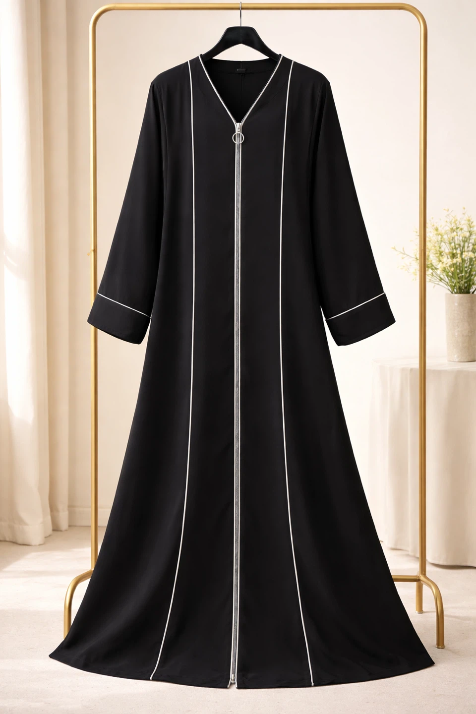 Black Abaya with Piping and Zipper