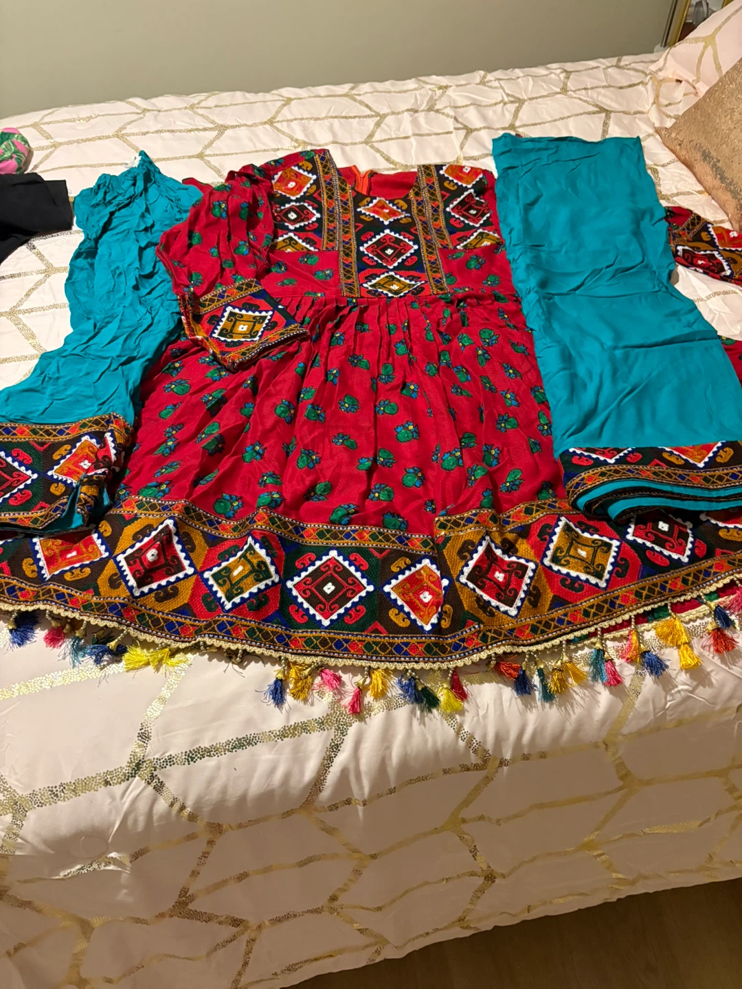 Embroidered Red Dress with Pants