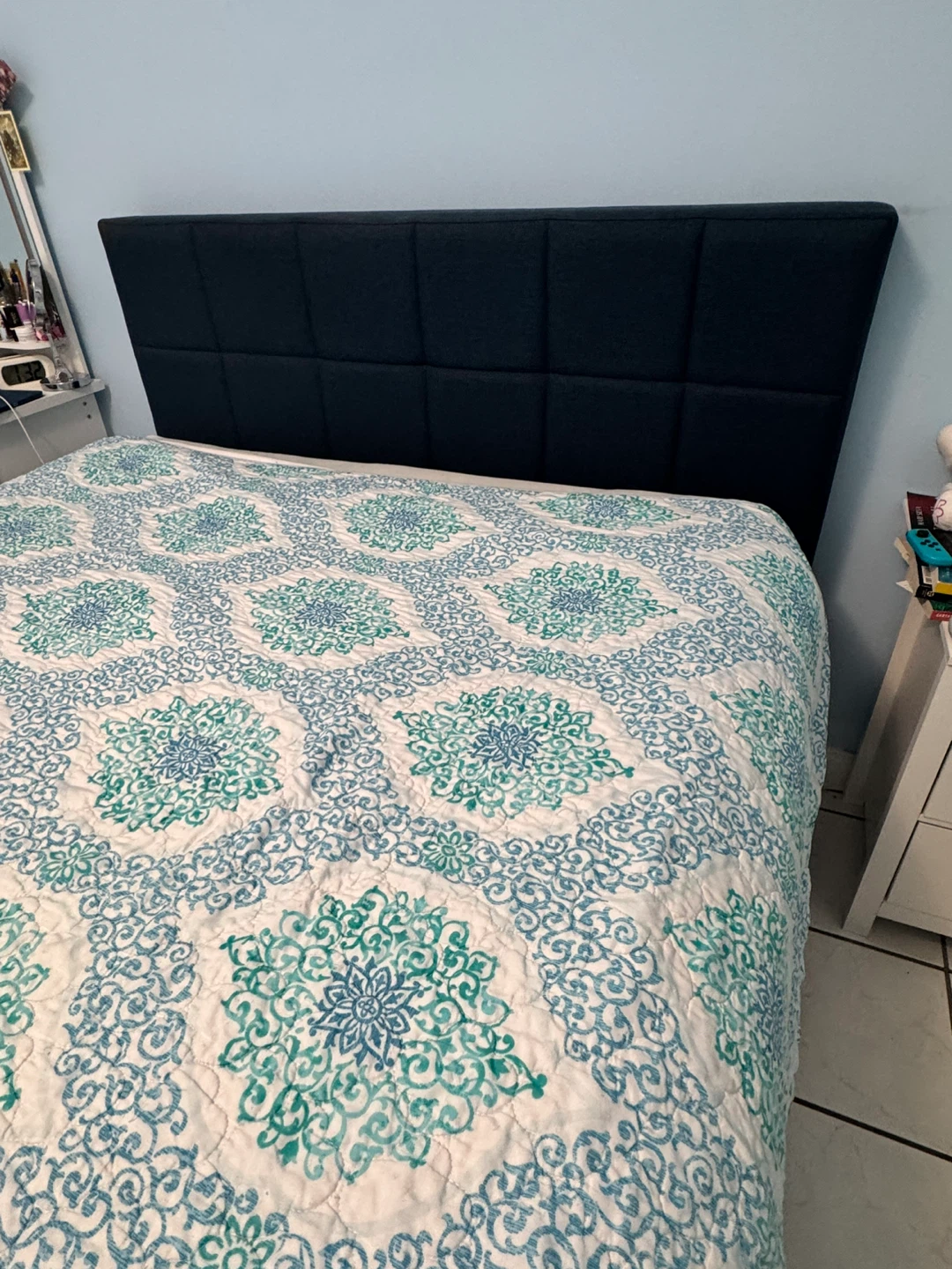 Dark Blue Upholstered Full Bed Frame with Headboard