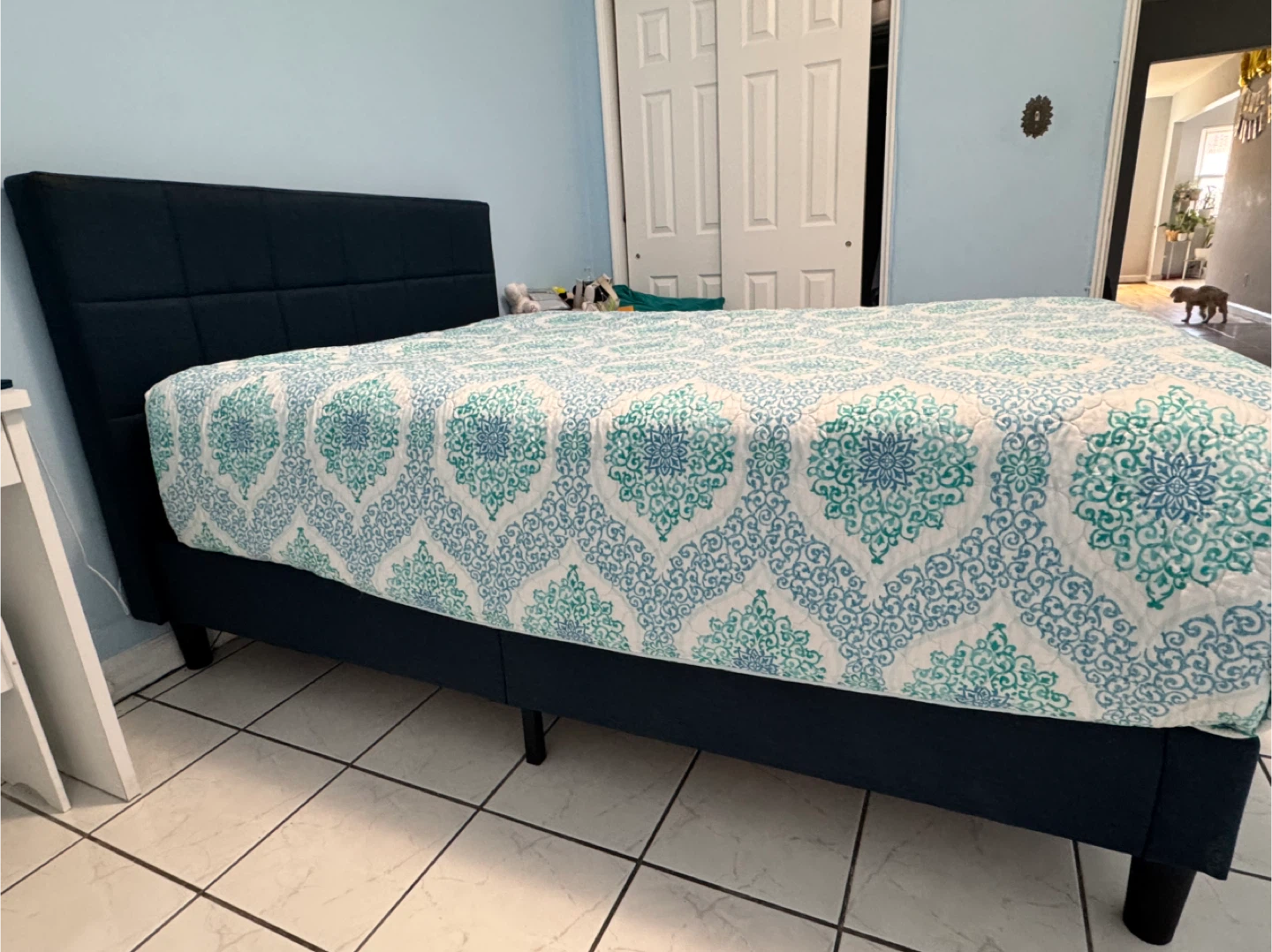 Dark Blue Upholstered Full Bed Frame with Headboard - photo 3
