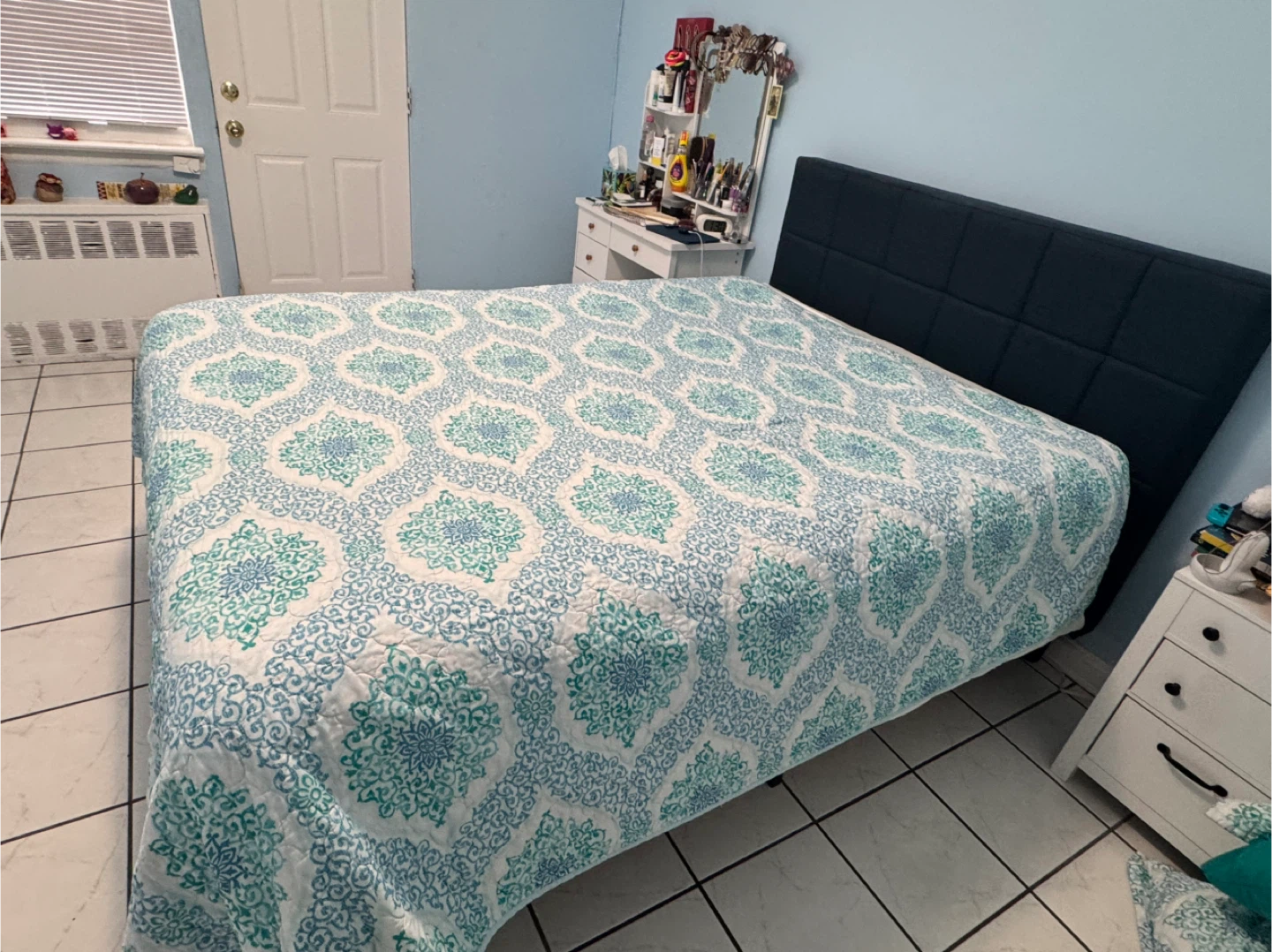 Dark Blue Upholstered Full Bed Frame with Headboard - photo 2